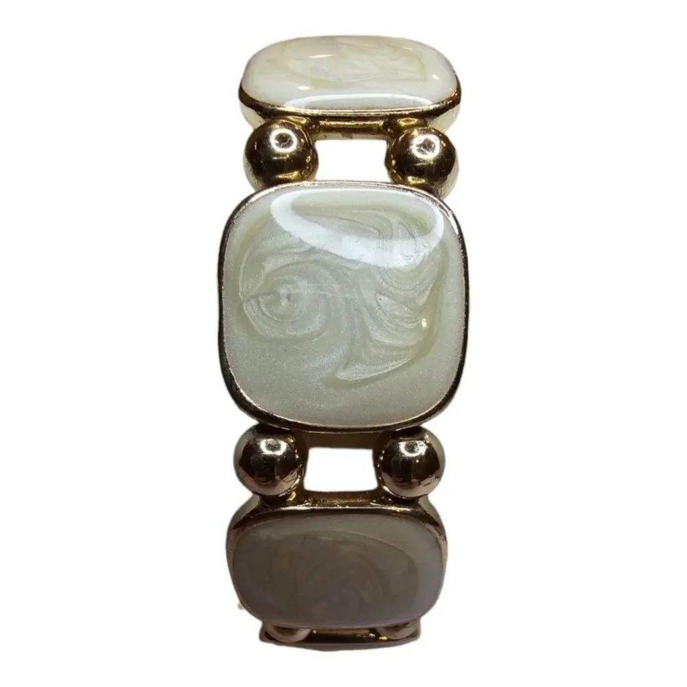 Stretch Bracelet with a swirled Cream and Gold Color, Gold Toned Beads N…